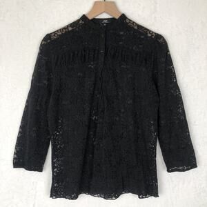 VTG Sheer Lace Top Sz M 40 Black 3/4 Sleeve Button Up Top Blouse Band Collar